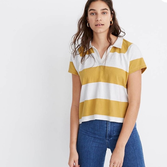 Madewell Boxy Polo Tee in Lefferts Stripe yellow white small - Picture 1 of 7